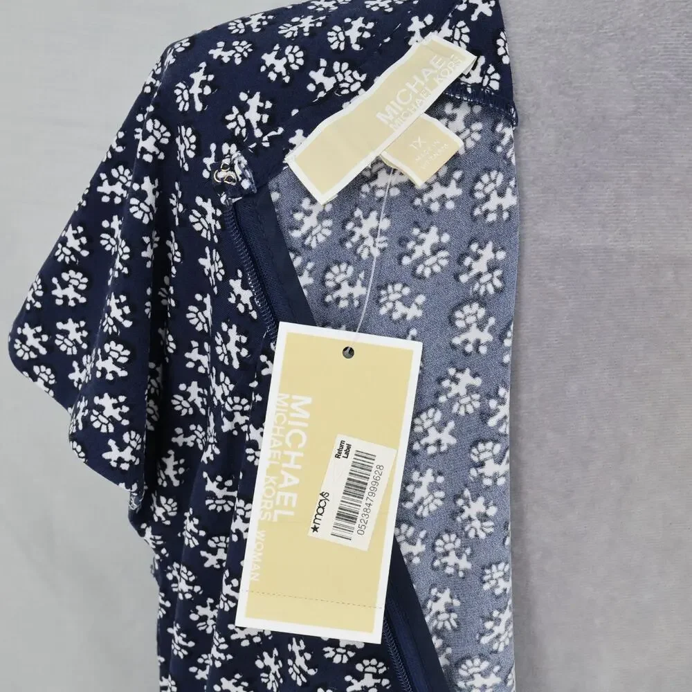 Michael Kors Dress Plus Size 1X Navy Blue Print Stretch Knit Zipper Career New